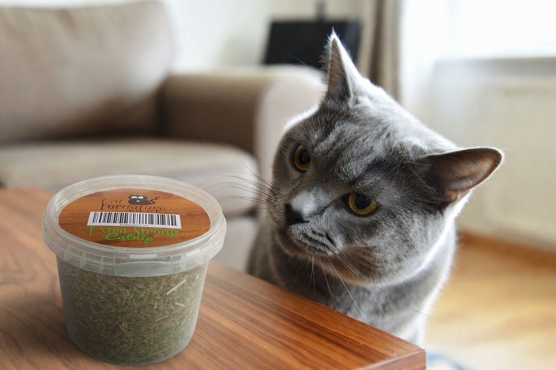 A Russian blue grey cat looking at a plastic tub of catnip on a table