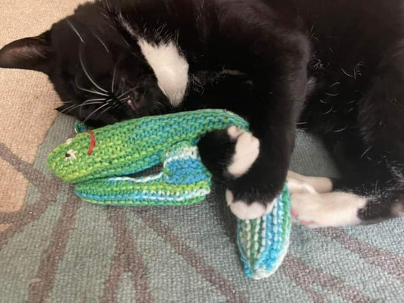Black and white cat hugging a knitted toy
