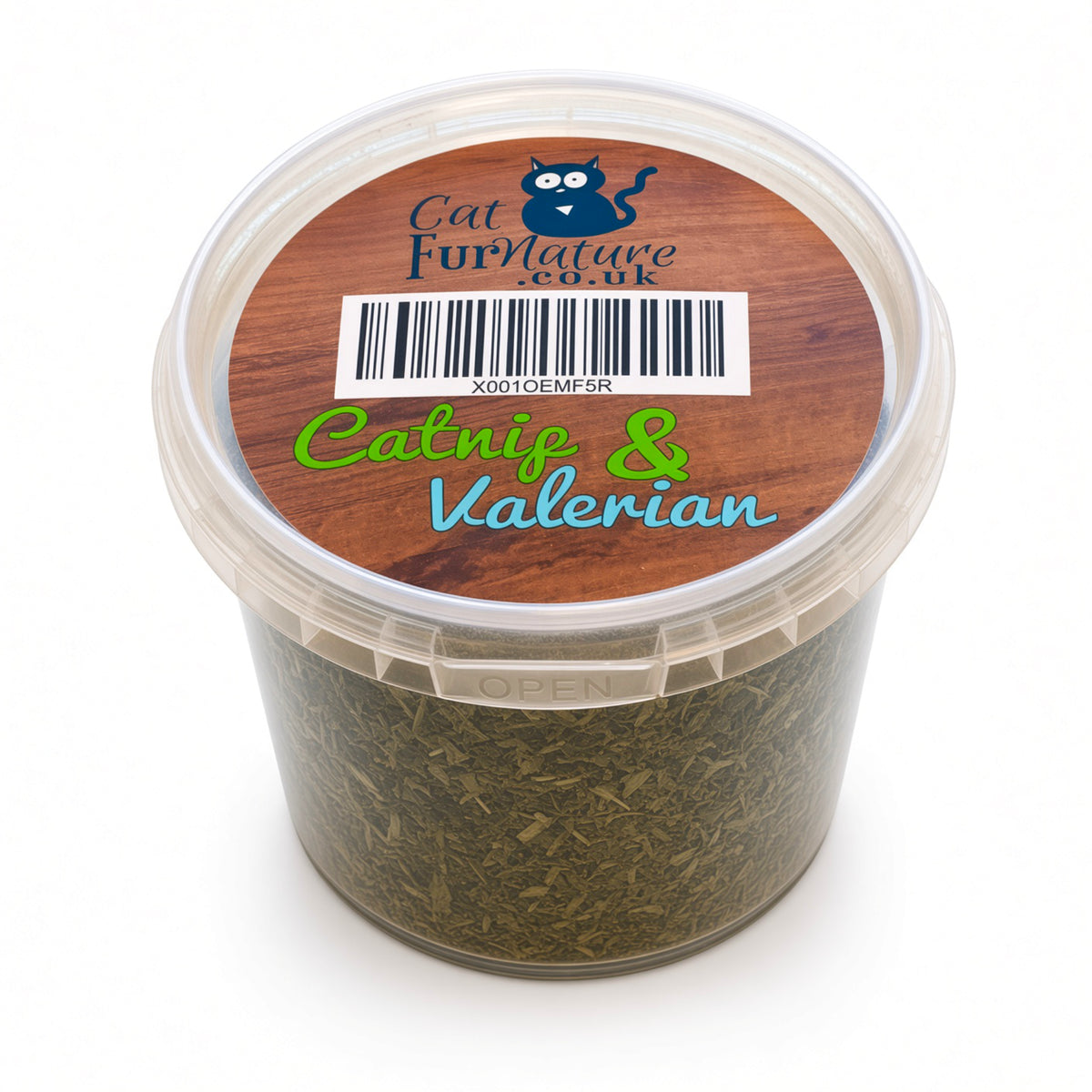 A clear plastic tub of Catnip & Valerian dry loose herbs by Cat FurNature, shown on a white background with a wooden-patterned lid label.