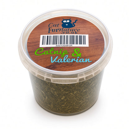 A clear plastic tub of Catnip & Valerian dry loose herbs by Cat FurNature, shown on a white background with a wooden-patterned lid label.