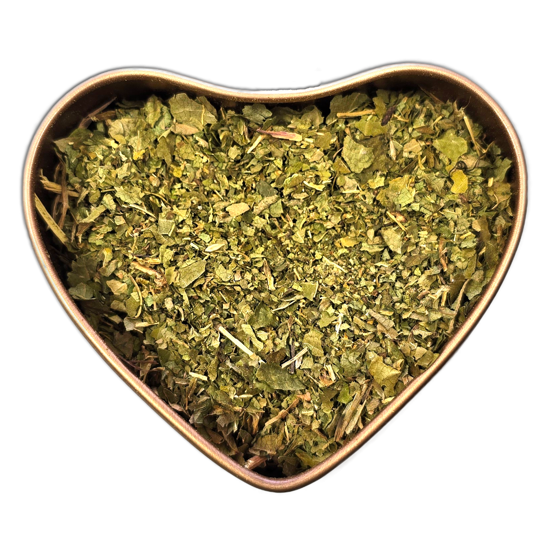 Silver Vine Leaves for cats in a heart tin